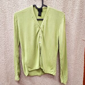 Vintage 100% Silk Green Cardigan Midi Sweater V-Neck Knit Collar Women's L
